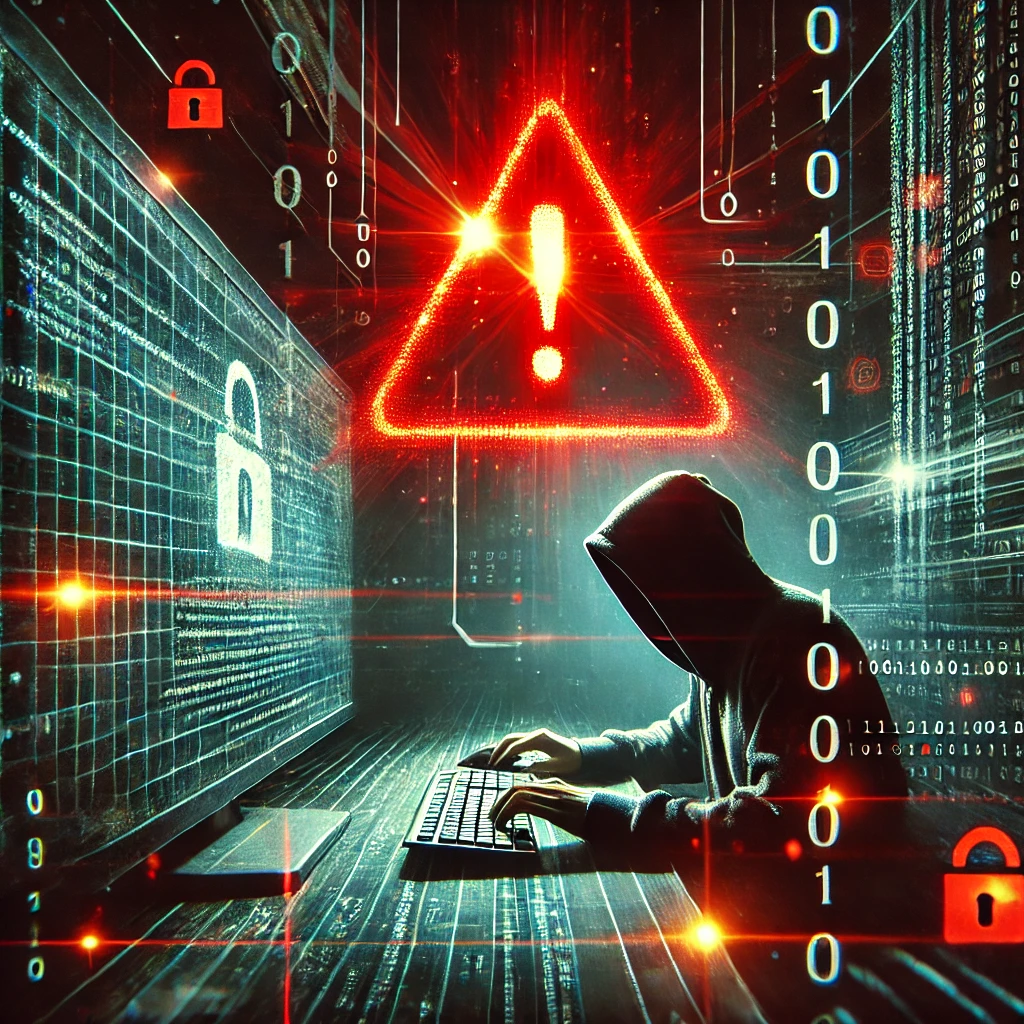 DALL·E 2025-01-16 15.32.35 - A dramatic digital illustration depicting a cyberattack. The image features a dark background with a glowing red warning triangle on a computer screen - "Solidarność" Pracowników Sądownictwa i Prokuratury