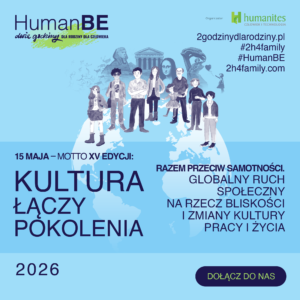 Poster for a HumanBE event showing a diverse group of people standing on a globe against a blue background with Polish slogan about culture connecting generations.