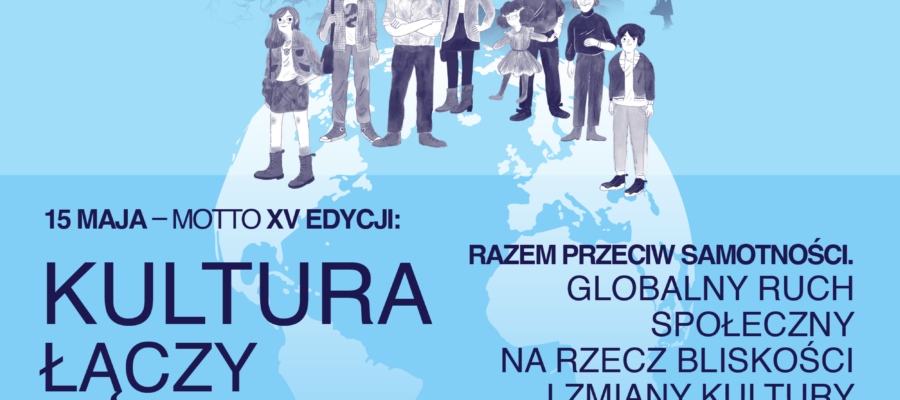 Poster for a HumanBE event showing a diverse group of people standing on a globe against a blue background with Polish slogan about culture connecting generations.