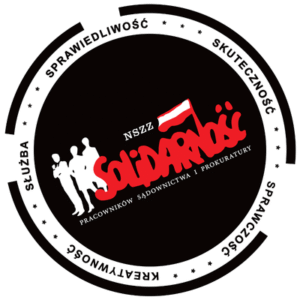 Circular NSZZ Solidarność logo with red script 'Solidarność', white silhouettes of workers, and Polish motto around the edge.