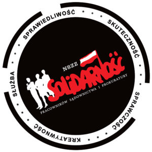 Logo of NSZZ Solidarność, trade union for judiciary staff, with red 'Solidarność' lettering and white silhouettes inside a black circle.