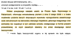 Polish legal document excerpt with yellow highlights, noting that the president of the district court must inform the applicant by letter dated Feb 2, 2026 about the lack of ability to provide certain salary data.