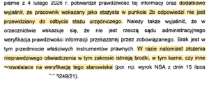 Polish legal document page with yellow highlighted phrases, emphasizing statements about an intern not required to complete an official internship and notes on verification of information and penalties for false statements.