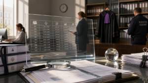 Transparent glass desk screen shows a multi-column grid with icons, in a law office setting with stacked binders nearby.
