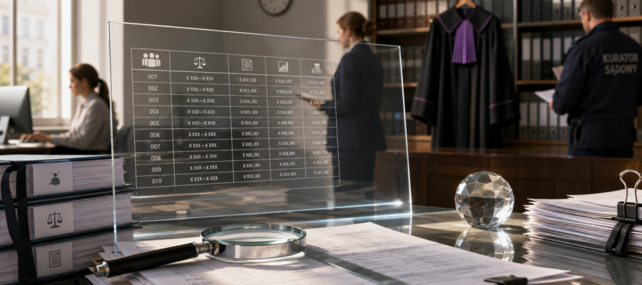 Transparent glass desk screen shows a multi-column grid with icons, in a law office setting with stacked binders nearby.