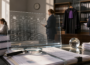 Transparent glass desk screen shows a multi-column grid with icons, in a law office setting with stacked binders nearby.